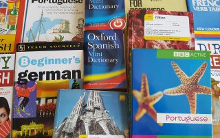 A picture of many books about learning foreign languages