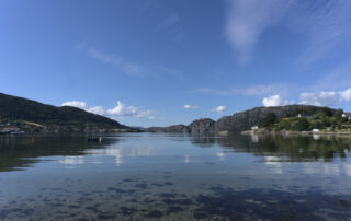 View over a fjord with water taking up about half of the picture and a blue sky with a few puffy white clouds taking up the upper half of the picture. There is land on the horizon with a dip in the middle where the fjord goes.